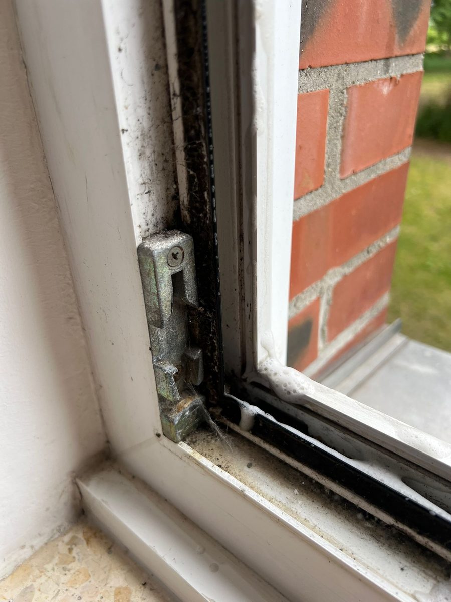 Stark verschmutzter Fensterrahmen mit Schimmel an Beschlag und Dichtung vor der Reinigung