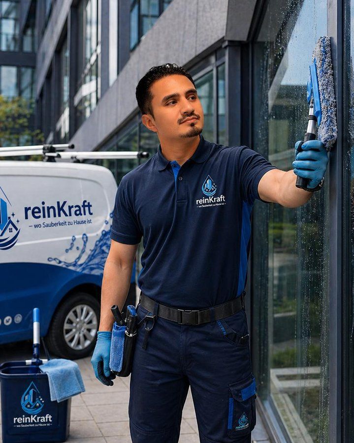 Jamal Hazim, Inhaber der Reinigungsfirma ReinKraft in Preetz, im Polo-Shirt mit Firmenlogo bei der Glasreinigung